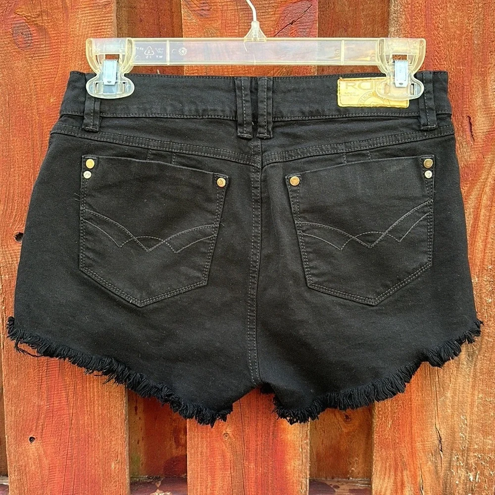 RQDN Black Pearl Studded Cutoff Denim Shorts Frayed Size 9 / 28